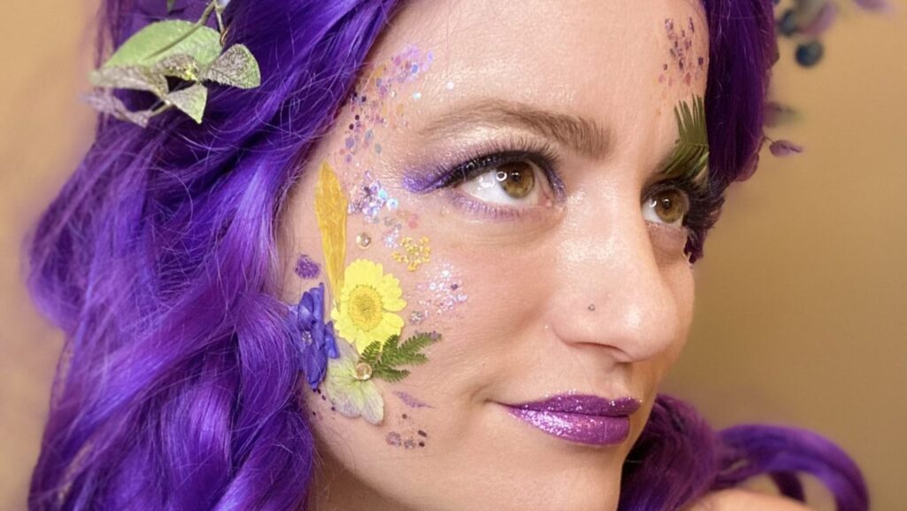 Caroline Rosa Wearing Elektra Cosmetics Purple Creative Capsule