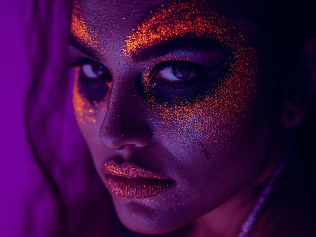 glam Halloween glitter makeup on purple background Glam Halloween costume glitter makeup - Elektra Cosmetics