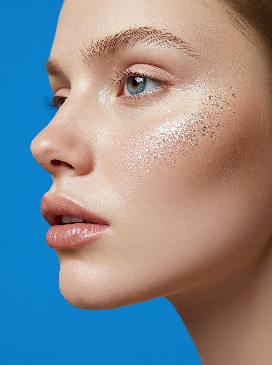 Glitter freckles makeup look by Elektra Cosmetics