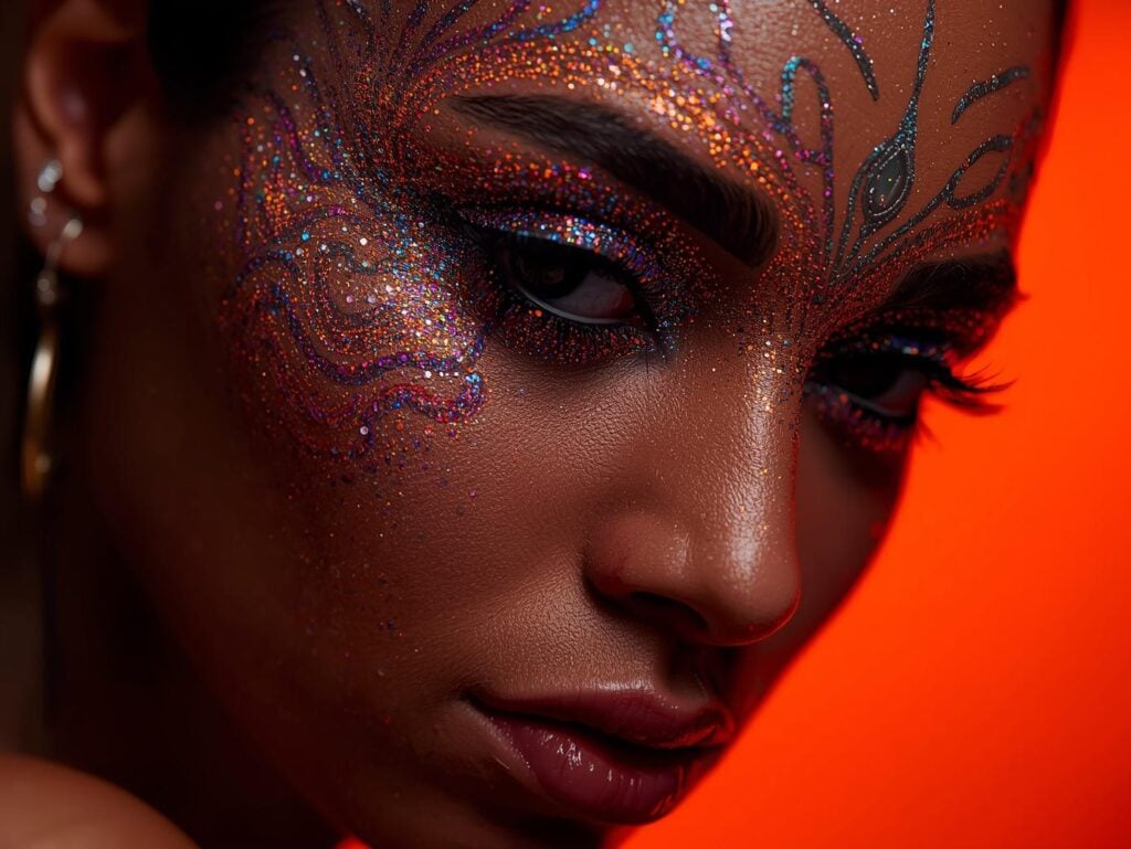 rave or edm glitter makeup on orange background UV rave glitter makeup for Halloween - Elektra Cosmetics