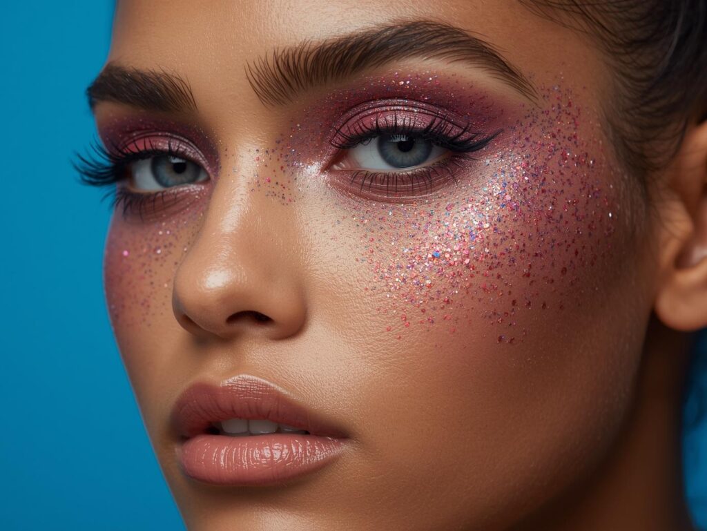 subtle glitter makeup on blue background Halloween glitter face makeup look - Elektra Cosmetics