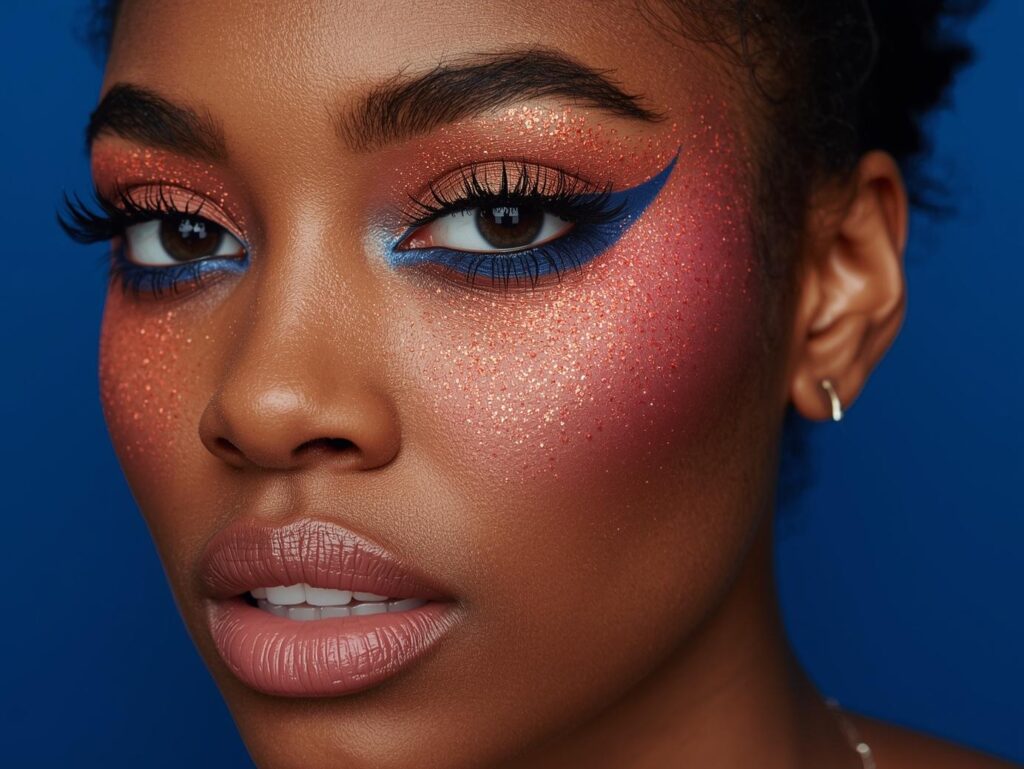 subtle halloween glitter makeup on blue background Body glitter for Halloween costumes - Elektra Cosmetics