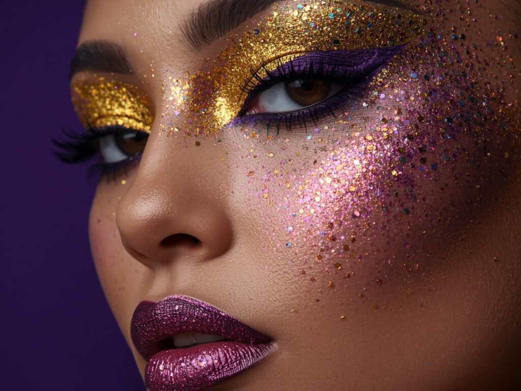 witch halloween glitter makeup on purple background Witch Halloween glitter makeup - Elektra Cosmetics
